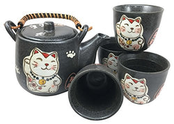Japanese Design Maneki Neko Lucky Cat Black Ceramic Tea Pot and Cups Set Serves 4 Beautifully