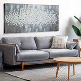 Abstract Modern Canvas Wall Art Flower Oil Painting 100% Hand Painted 3D Pure Gray White Flowers Framed Contemporary Decoration Simple Life Beautiful Blossom Floral Picture Ready to Hang (24x48 inch)