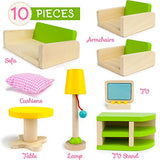 Imagination Generation Luxurious Living Room Set, 10 Pieces - Wooden Doll House Accessories Bundle - Miniature Furniture for Girls - Sofa, Chairs, Table, TV, & Lamp Toys for Kids