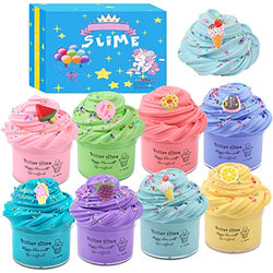 Butter Slime Kit for Girls 8 Pack,Scented Slime Party Stress Relief Toys, with Unicorn, Pink Watermelon Cute Slime Charms, Non-Sticky & Super Stretchy, for Girls and Boys