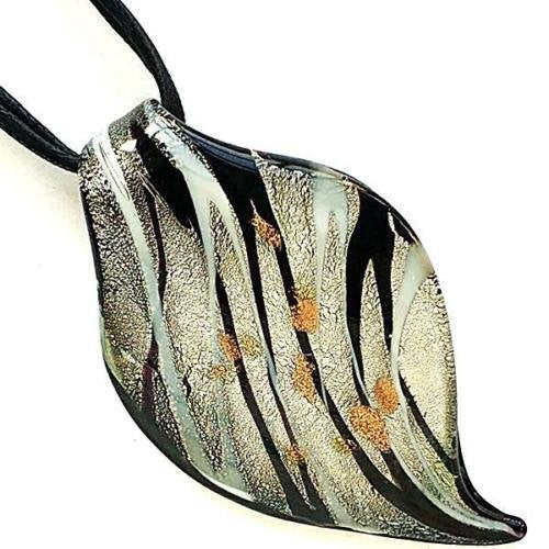 Gold Black Leaf Handmade Lampwork Glass Murano Bead Pendant Ribbon Cord Necklace