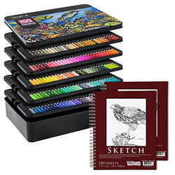 Master 150 Colored Pencil Mega Tin Set with Premium Soft Thick Core Vibrant Color Leads with 2 Packs 9" x 12" Sketch Pads Drawing Paper - Artist Art Blending, Shading, Layering, Adult Coloring Books