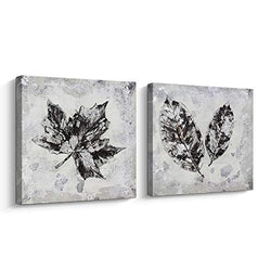 Pinetree Art Maple Leaf Wall Art Set For Livingroom- Hand Painted Fallen Leaves Art Painting Gallery Wrapped Home Decoration (Silver, 12 x 12 x 2pcs)