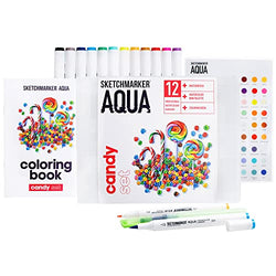 SKETCHMARKER AQUA Dual Tip Watercolor Markers with Super Brush Nib, Paint Marker Pens for Coloring, Calligraphy, Drawing with Water Brush, Art Supplies for Artists and Beginners (12 Colors Candy)