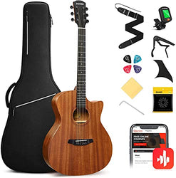 Donner Acoustic Guitar Beginner Full Size 41 Inch Soild Mahogany Top Cutaway Grand Auditorium Adult Starter Bundle Kit with Gig Bag Strap Tuner Capo Pickguard String 4 Picks Cloth Right Hand