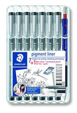 Staedtler 7 Pigment Liner Fineliner Pens with Assorted Line Width + 0.5mm Mechanical Pencil Set