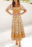 ZESICA Women's 2023 Summer Boho Floral Print Square Neck Ruffle Swing Beach Long Maxi Dress,Yellow,Medium