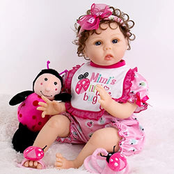 Aori Reborn Baby Dolls 22 inch Real Looking Curly Hair Lifelke Newborn Girl Dolls in Soft Body with Pink Suit Little Ladybug Gift Set
