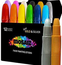 Face Paint Crayon 12 Colors with Gold and Silver Face Painting Sticks for Kids Washable Twistable Crayons Kit for Kids Face Hair Body Paint Water Based Non-Toxic Set Halloween Makeup Marker