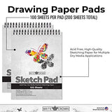 Brite Crown Sketch Pad 2-Pack – 9x12 Sketch Book 200 Sheets (100 Sheets Per Pad) Perforated Sketchbook Art Paper for Pencil, Pen, Markers Charcoal & Dry Media (64lb/95gsm) Acid-Free Drawing Paper