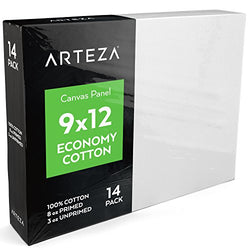Arteza 9x12” White Blank Canvas Panel Boards, Bulk Pack of 14, Primed, 100% Cotton for Acrylic