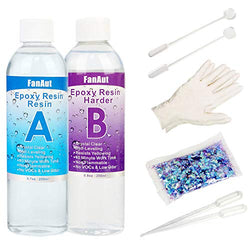 FanAut Epoxy Resin Crystal Clear for Art, Crafts, Tumblers, Casting and Jewelry Making 18.5 Ounce with 2 Droppers, 2 Sticks ,1 Pair Rubber Gloves and 1 Pack of Resin Glitter