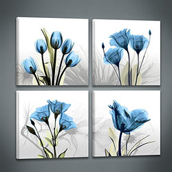 Abstract Blue Tulip Flower Painting Art 4 Panles Canvas Picture Print Modern Elegant Artwork for Living Room Home Decoration