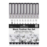 Black Fineliner Pen Set of 10 Various Tips - from 0.2mm to 1.0mm Width Tips, Plus 2.5mm Calligraphy