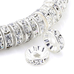 RUBYCA Top Quality 100pcs 8mm Round Rondelle Spacer Beads Silver Tone White Clear Czech Crystal