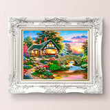 5D Diamond Painting Kits Landscape for Adults Village DIY Full Round Drill Diamond Art by Numbers for Beginners Canvas Picture Photo Decoration Art Crafts Gifts Sunset River, Bridge and House