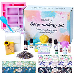 Aoibrloy Soap Making Kits for Adults Beginner with Instructions, Natural DIY Soap Kits with 2lbs. Shea Butter Soap Base, 5 Silicone Soap Mold, Dried Flowers, 4 Essential Oil, 4 Colors, 15 Labels