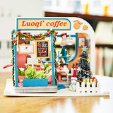 Spilay Dollhouse DIY Miniature Wooden Furniture Kit,Handmade Mini Christmas Model Plus with Dust Cover & Music Box ,1:24 Scale Creative Doll House Toys for Adult Gift (Luoqi Coffee)