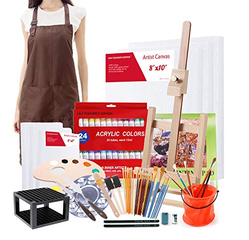 S & E TEACHER'S EDITION Acrylic Paint Set of 67 Pcs, Painting Supplies Set, Mini Easel, Canvas, Artist's Smock, Brush Holder, Acrylic Pad and More.