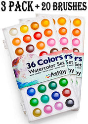 3 Pack - Watercolor Paint Set - 36 Vibrant Watercolors Plus 20 Brushes