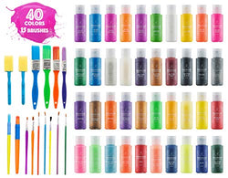 Kids Tempera Paint Set | Value Pack Includes 40 Washable Non-Toxic Colorful Paints (2oz bottles) & 15 Brushes | Metallic, Neon, Glow In The Dark, Glitter Paints | Paint For Arts & Crafts, Fun Projects
