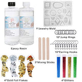 Epoxy Resin Crystal Clear Resin Kit 16OZ for Jewelry Making, Art, Crafts, Cast Coating, Tumblers with Jewelry Mold, Glitter, Sticks, Gold Foil Flakes, Earring Hooks, Jump Rings, Easy Mix 1:1