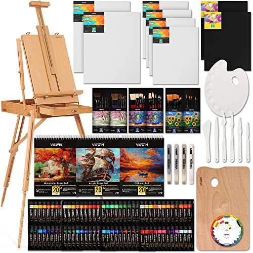 VISWIN 148 Pcs Super Deluxe Painting Set with Aluminum & Wood Easel, 96  Acrylic, Watercolor & Oil Paint Set, 8 Canvases, 30 Brushes, Painting Kit  with