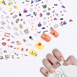 FENGWEI 6PCS Adhesive Nail Stickers,Fun Nail Art Stickers Decal Abstract Face Curve Graffiti DIY Nail Stickers,Nail Decorations for Women Girls Kids