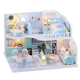 WYD Wooden 3D Building Model Hand-Assembled Dollhouse Kit Double-Storey Blue Attic Doll House with Dust Cover and Music Movement Creative Collection and Decoration Gifts