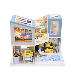 1:24 Cool Beans Boutique Miniature Dollhouse DIY Kit - Wooden Blue Townhouse with Pool + Dust Cover (Assembly Required) M910