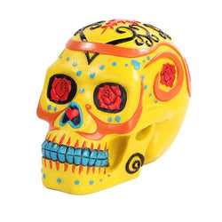 6 Inch Yellow with Rose Pattern Day of The Dead Skull Statue Figurine