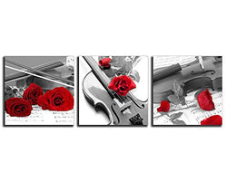 NAN Wind 3 Pcs 12X12inches Canvas Print Violin and Red Rose in Black and White Modern Giclee Stretched and Framed Artwork for Home Decor Music Pictures Prints On Canvas for Wall