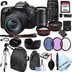Canon EOS 90D DSLR Camera + 18-135mm f/3.5-5.6 is USM Lens + 75-300mm F/4-5.6 III Lens + 128GB Card, Tripod,Back-Pack,Filters, 2X Telephoto Lens, HD Wide Angle Lens, Hood, Lens Pouch, More (28pcs)