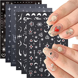 6 Sheets Star Moon Nail Art Stickers Decals 3D Self-Adhesive Silver White Nail Stickers Fish Bone Sun Geometry Nail Art Supplies Laser Heart Nail Art Design Decals for Women Acrylic Nails Decorations