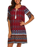 Women's Bohemian Vintage Floral Printed Loose Casual Boho Tunic Dress Wine Red,M