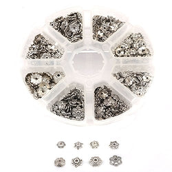 Aprilsky 650 pcs Assorted Antique Silver Spacer Metal Bead Caps Tibetan Silver Charms for Jewelry