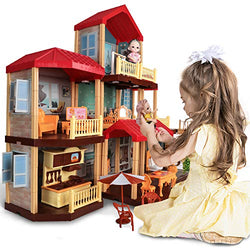 TEMI Dollhouse DIY Pretty Dreamhouse Kit Decorations w/ Furniture, Accessories, Doll Action Figure , Build Perfect Toddler Girls and Kids Crafting Toy with Real LED Light(7 Rooms)