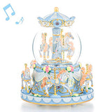 Carousel Snow Globe Music Box - 8 Horse Blue Snowglobe Anniversary Christmas Birthday Gift for Wife Daughter Girlfriend Girl Wind Up Clockwork Musical Box with Led Light Melody You are My Sunshine ¡­