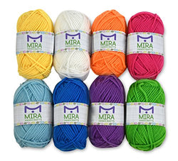 Mira Handcrafts 8 Acrylic Yarn Skeins | Total of 525 Yards Craft Yarn | Includes 2 Crochet Hooks, 2 Weaving Needles, 7 E-Books | DK Yarn for Knitting and Crochet | Perfect Beginner Kit