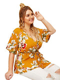 Romwe Women's Plus Size Floral Ruffle Short Sleeve Wrap V Neck Belted Babydoll Blouse Tops Yellow-3 2X