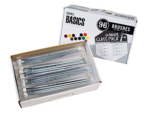 Liquitex Basic White Synthetic Long Hardwood Handle Value Brush Set, Assorted Size, Set of 96