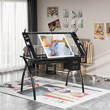 ITUSUT Drafting Table for Artists, Height Adjustable Drawing Desk with Tempered Glass Tabletop, Art Desk Study Table with Storage Drawers and Tray, Craft Station with Sturdy Metal Frame, Black