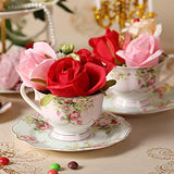 PULCHRITUDIE Fine China Tea Cup and Saucer Set, Pink Azalea, Golden Rim, Set of Four