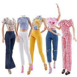 E-TING 10 Pcs = 5 Set Doll Clothes Casual Wear Outfit Tops + Pants with 5 Pair Shoes for 11.5 inches Girl Doll
