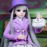 Proudoll 1/3 BJD Doll 60cm 24Inches Ball Jointed SD Dolls Move Joints Action Figures Fashion Girl Caroline + Hat + Wig + Coat + Dress + Crossbody Bag + Boots (Purple)