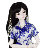 Retro Girl BJD Doll 1/3 25in 19" Ball Jointed Doll Full Set,Cheongsam + Wig + Shoes + Shawl + Makeup (White Blue)