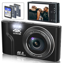 Saneen Digital Camera, 4K Cameras for Photography & YouTube, 48MP Small Compact Digital Camera for Teens, Kids,Elder,Beginners,16X Digital Zoom,with 32GB SD Card & 2 Rechargeable Batteries - Black