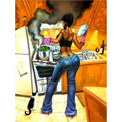 Diamond Painting African Woman Kitchen Life Full Drill by Number Kits, SKRYUIE DIY Rhinestone Pasted Paint with Diamond Set Arts Craft Decorations (12x16inch)