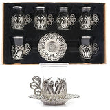 Alisveristime (SET OF 6) Handmade Turkish Tea Water Zamzam Serving Set Glasses Saucer and Spoon (Ottoman) (Silver)