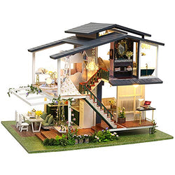 Fsolis DIY Dollhouse Miniature Kit with Furniture, Garden Cafe 3D Wooden Miniature House with Dust Cover, Miniature Dolls House kit Creative Gift